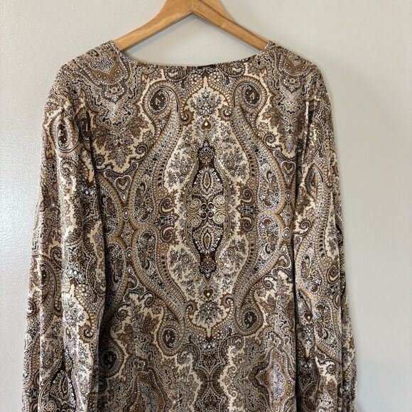 Talbots 100% Silk Blouse Brown Paisley Long Sleeve Wrap Top Sz 20W - Picture 8 of 9